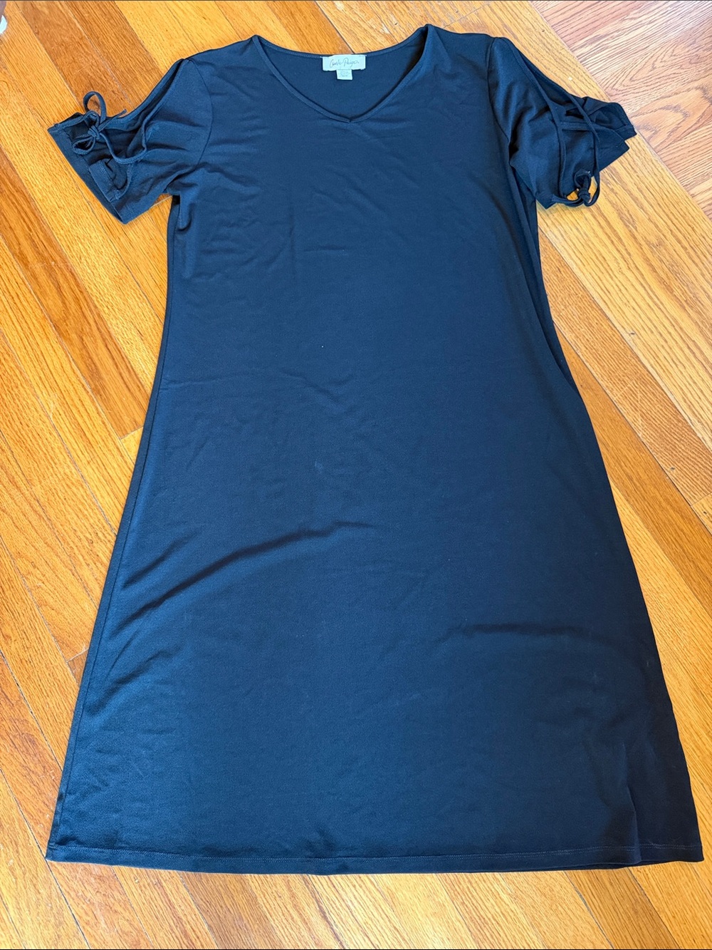 Charlie Paige Black V-Neck Midi Dress with Tie Sleeve Detail